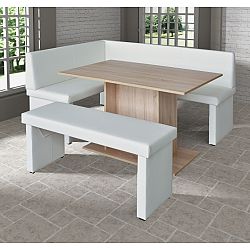 TEMPO KONDELA komplet rohová lavica+stol+lavica ekokoža biela, L - prevedenie, MODERN